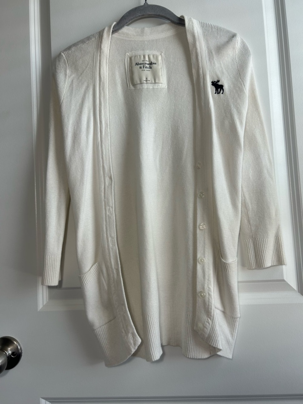 Abercrombie & Fitch Ivory Button-Front Cardigan with Navy Logo